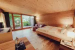 cozy room with wooden walls and large windows overlooking greenery