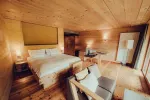 modern room with wooden walls, bed, and seating area