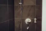 Shower area with modern fixtures and dark tiled wall