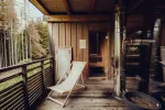 wooden balcony with a lounge chair and greenery in the background