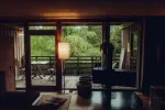 a cozy interior with a balcony view of greenery