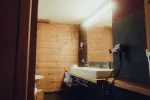 modern bathroom with wooden walls and a sink