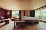 Bright, modern room with wood ceiling and view of nature.