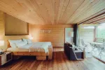 Cozy wooden room with a bed, sofa, and large windows
