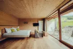 modern bedroom with wood paneling and large windows