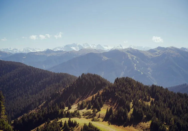 Berglandschaft mit Wäldern und schneebedeckten Gipfeln